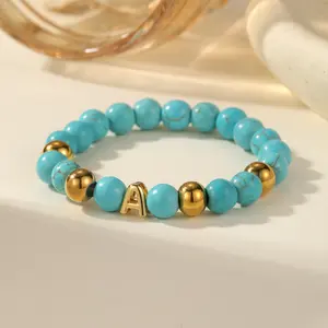 Personalized Turquoise Beaded Bracelet with Custom Bubble Initial Letter 18k Gold Plated Bead Stretch Bracelet Waterproof Stainless Steel Jewelry Meaningful Gift for Women