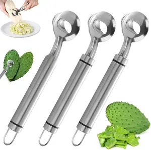 3 Pack Stainless Steel Cactus Peeler Spoon Multi-Function Cuchara Pelador de Nopales Sliced Chinese Noodle Cutter for Cooking Kitchen Gadgets Hanging Utensils