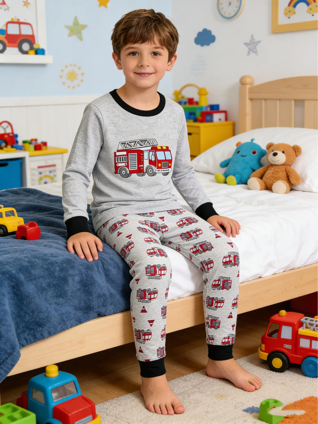 Junior Boys' 2-Piece Cartoon Car Pattern Sleepwear Set, Spring & Fall Long Sleeve Pajamas, Casual Comfy Pajama Home Wear, Thin Fabric, H-Type Silhouette, Cartoon Print Pajama, Pajama Lounge Sets