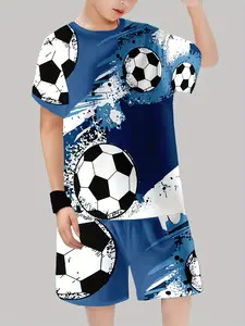 Boys' Blue & Soccer Print Set, Football Kits, Casual Summer, Breathable & Quick-Dry, Ideal for Golf, Fishing, Basketball, Camping, Gym, Swimming
