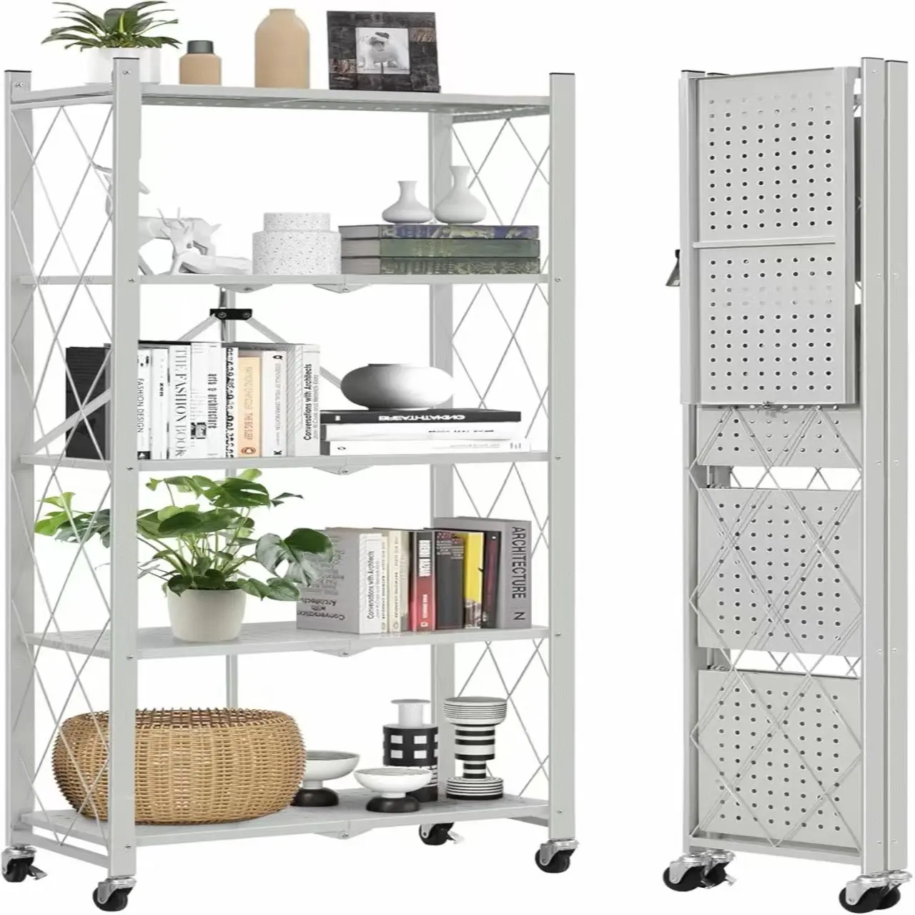 5-Shelf Folding Bookcase with Wheels, Rolling Bookshelf Heavy Duty Storage Shelves, Freestanding Metal Wire Shelving Unit for Living Room, Office, Kitchen, Basement, Pantry,Large Capacity,Gray