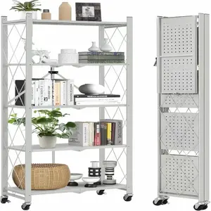 5-Shelf Folding Bookcase with Wheels, Rolling Bookshelf Heavy Duty Storage Shelves, Freestanding Metal Wire Shelving Unit for Living Room, Office, Kitchen, Basement, Pantry,Large Capacity,Gray