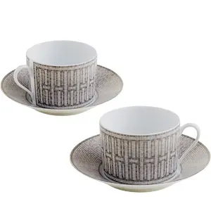 HERMES MOSAIC COFFEE MUG WITH SAUCER SET – CERAMIC, 340ML, BLACK AND WHITE Verifiable, with credentials and supporting global authentication