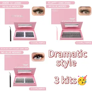 [3 kits-Dramatic Styles] Cofier Self-Adhesive lashes Glue - Free DIY Lash Kit (pink box)  Comes with Tweezers! (80/100 Pcs) for a Quick and Natural Lash Makeover Individual Eyelashes Makeup Eyelashes