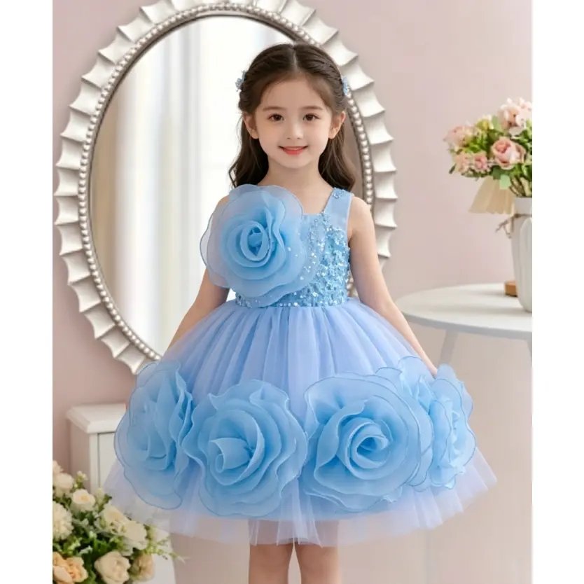 Girl's 3D Brooch Suspender Embroidered Formal Dress, Polyester Blend Party Wear for 1-2y Baby Baptism & First Birthday Toddler Gown, Girl Embroidered Formal Dresses, Geometric Print Dress