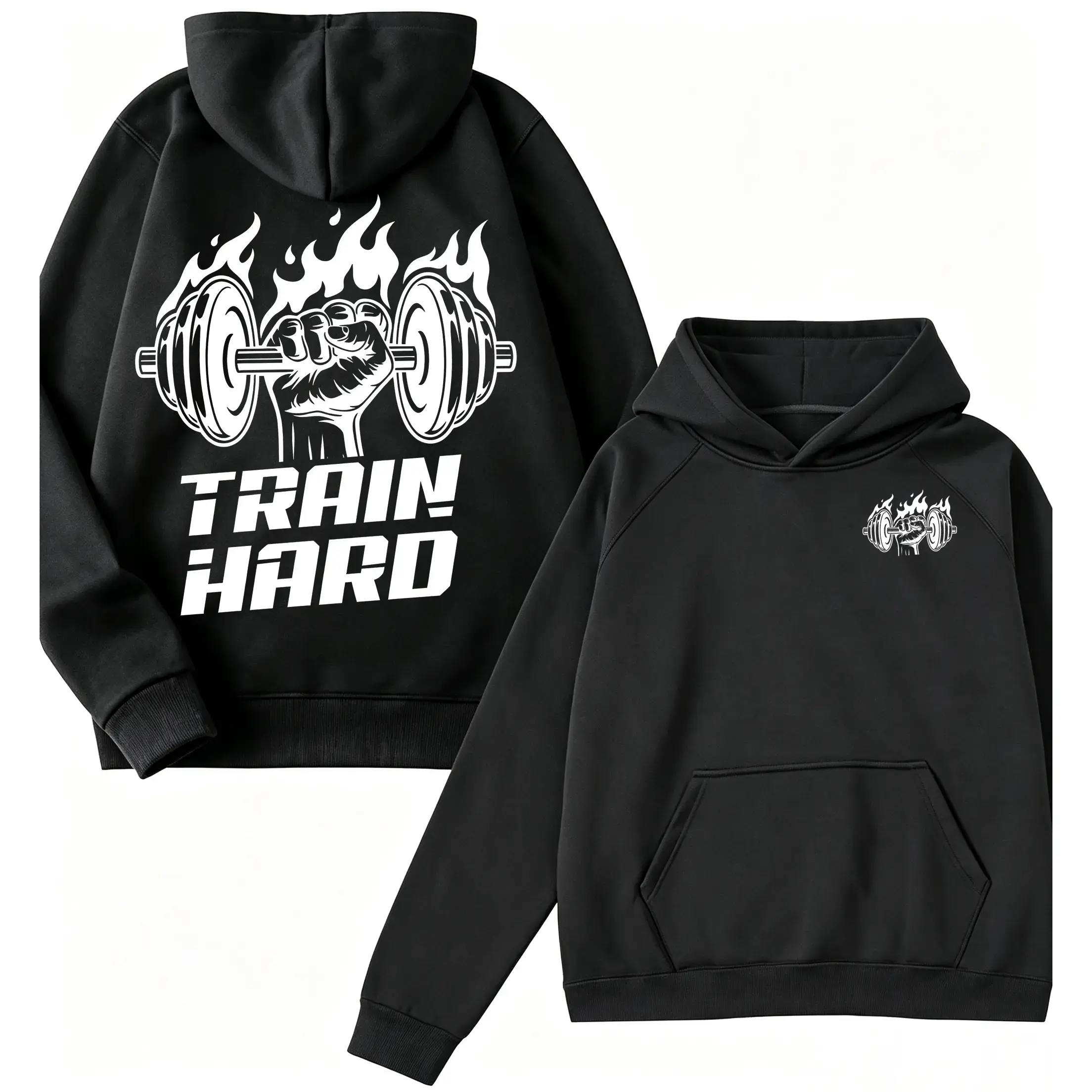 Train Hard Gym Hoodie Men, Flame Dumbbell Weightlifting Graphic Hoodie, Workout Fitness Pullover Hooded Sweatshirt For Bodybuilding