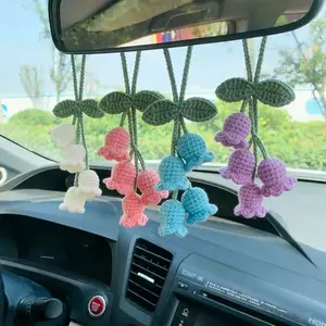 Handmade Rainbow Bell Car Hanging Ornament, Cute Knitted Lily Rearview Mirror Decoration, Bohemian Style Girl Car Interior Gift, Car Trinkets, Car Interior Accessory