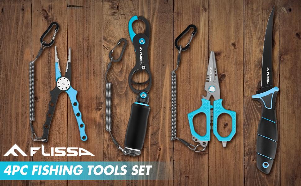 FLISSA Fishing Tool Kit, Fish Gripper with Scale, Braided Line Scissors, Fish Fillet Knife/Muti-Function Fishing Pliers/Fish Hook Remover, Saltwater Resistant Fishing Gear with Safety Coiled Lanyard