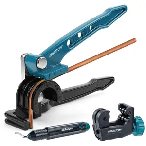 LIBRATON Tube Bender, Copper Tubing Bender 180 Degrees, 3-in-1 Manual Tubing Bending Tool 1/4", 5/16", 3/8", Copper Tube Bender Set with Mini Tube Cutter & Deburring Tool, for Aluminum Brass Pipes