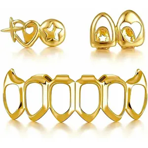 Gold Grillz Set Open Face Hip Hop Teeth Jewelry Gold Plated Dental Caps for Top Bottom Removable Grills for Men Women