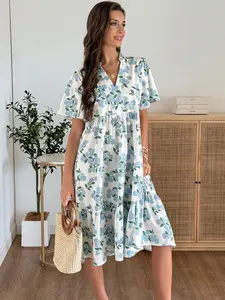 A women's fashionable Casual versatile white base blue hydrangea print V-neck short sleeve layered hem midi dress, suitable for shopping, afternoon tea, or commuting, Summer Dress