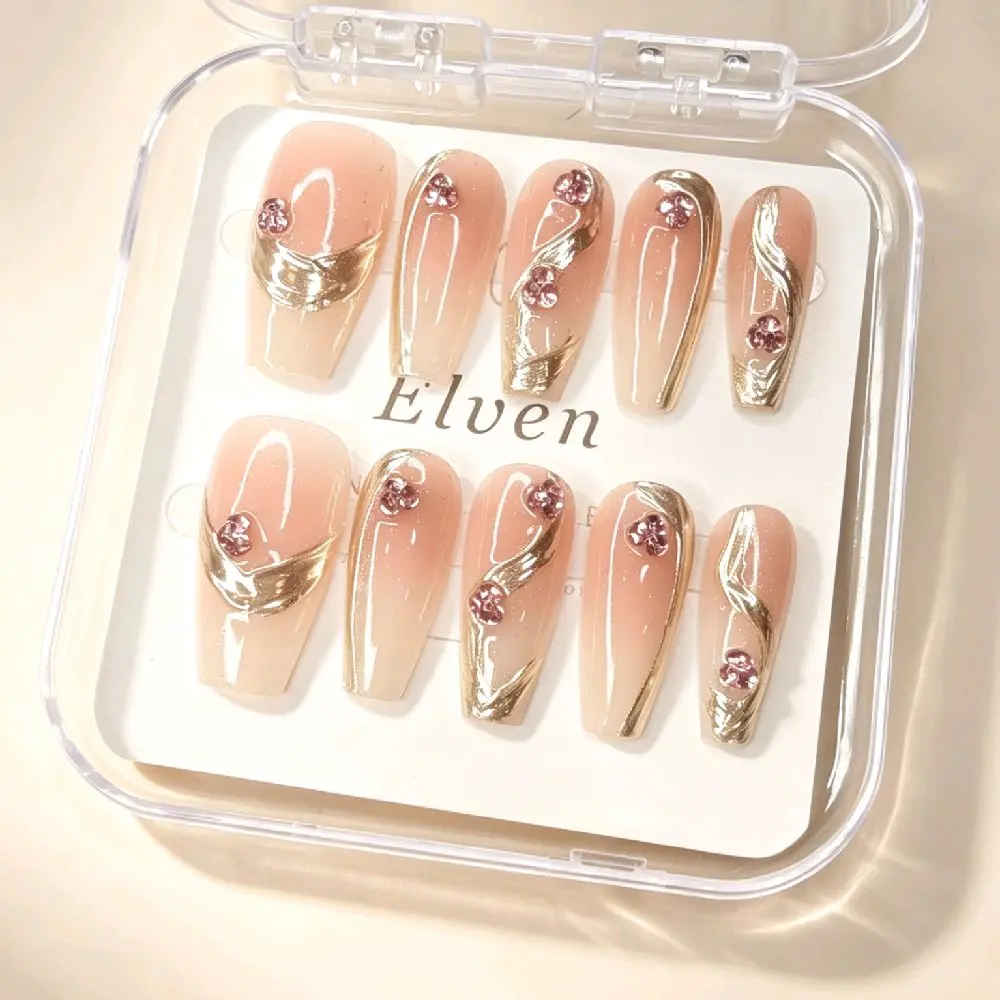 Handmade Nude Ombre Press On Nails - Gold Metal Line with Pink Rhinestone Decor, Medium Long Coffin Reusable Fake Nails, Salon Quality