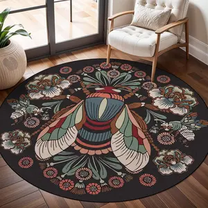 Vintage Lotus Insect & Flower Pattern Round Rug, 1 Count Non-slip Soft Floor Mat, Decorative Carpet for Home Living Room Bedroom Hotel Dormitory, Unique Rugs, Room Accessories,  Home Decor