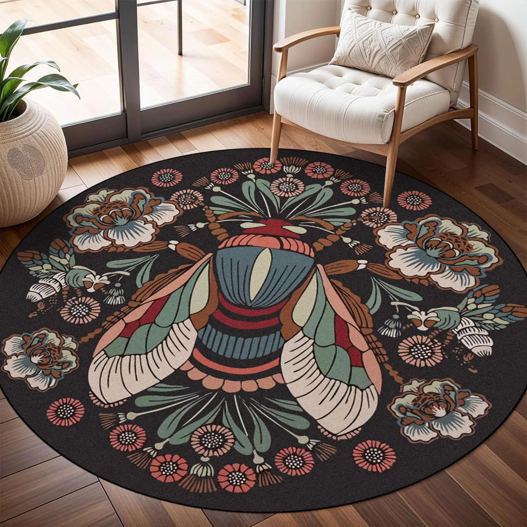 Vintage Lotus Insect & Flower Pattern Round Rug, 1 Count Non-slip Soft Floor Mat, Decorative Carpet for Home Living Room Bedroom Hotel Dormitory, Uniq