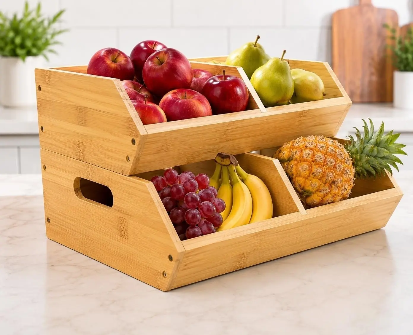3-Pack Bamboo Potato & Onion Storage Bins - Ventilated Stackable Kitchen Pantry Countertop Boxes with Handles, Bulk Storage Organizer for Fruit & Vegetable Organization