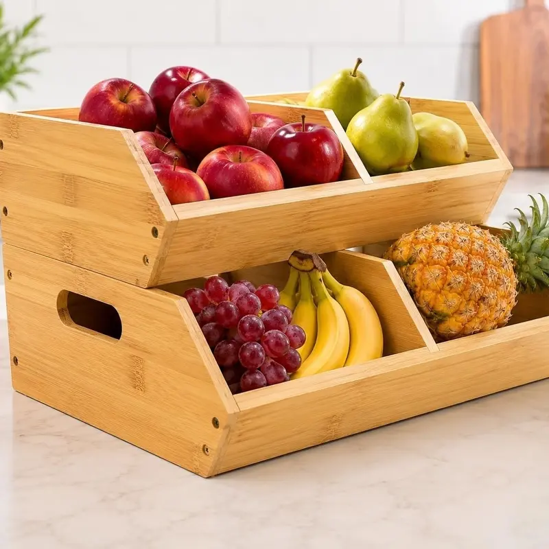 3-Pack Classic Durable Bamboo Potato & Onion Storage Bins - Ventilated, Stackable House Organizers with Handles, Countertop Boxes for Kitchen Food & Beverage Storage Organization