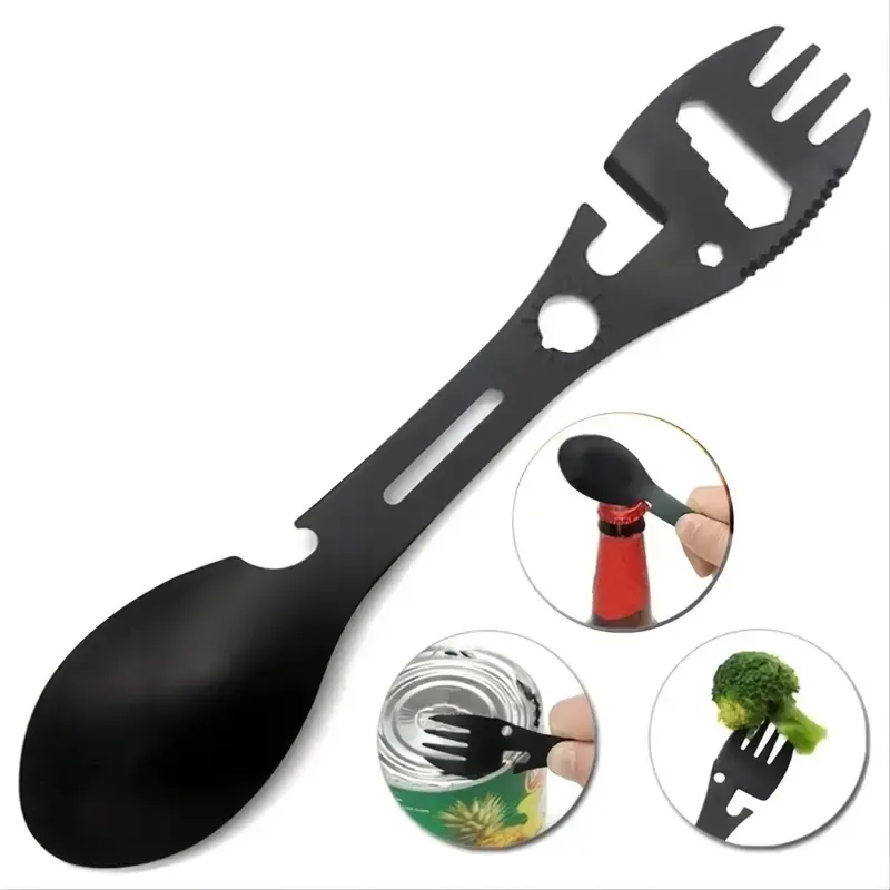 Stainless Steel Multifunctional Camping Spork - 1pc Sturdy Compact Multi-Tool Outdoor Utensil with Bottle Opener, Wrench, Lightweight Easy-Carry Design for Hiking, Survival