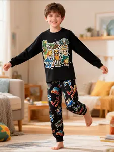 Kids Long Sleeve Pajama Set, Fitted Kids Pajamas, Brainrot Tung Tung Tung Sahur Fun Character Print Cartoon Print, Casual Fitted Sleepwear for All Seasons, Best Gift for KidsKids Book Day outfits, Carnival outfits for kids