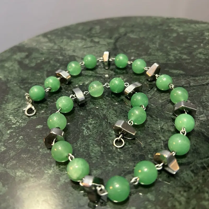16 Inches Long Silver Necklace with Natural Jade Gemstone Beads & Silver Hematite Beads