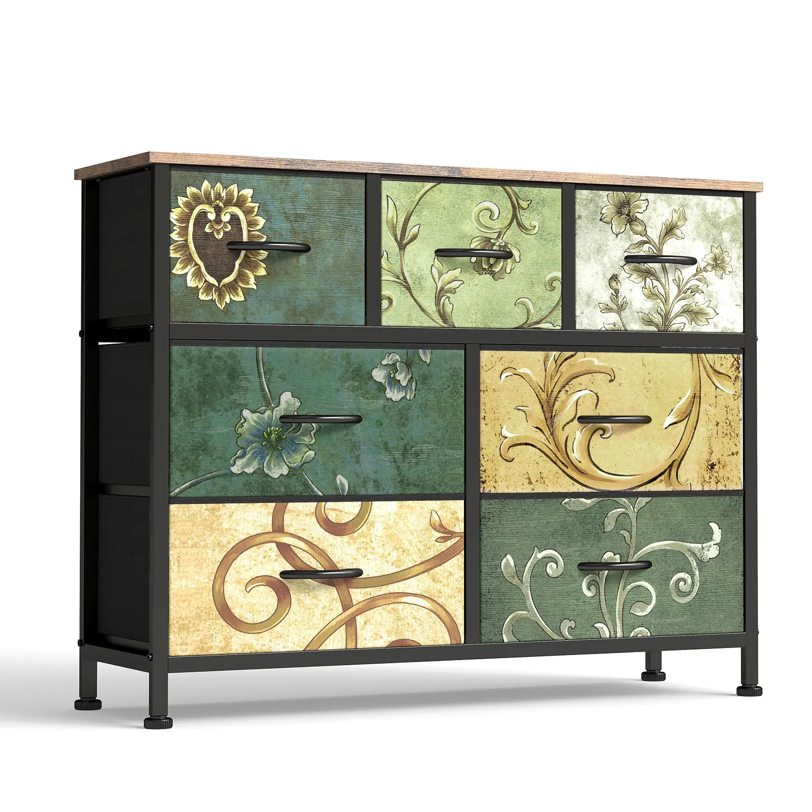 Vintage Floral Fabric Dresser with 7 Drawers - Sturdy Steel Frame & Wood Top Storage Tower, Multi-Functional Organizer Unit for Bedroom, Hallway, Entryway, or Closet