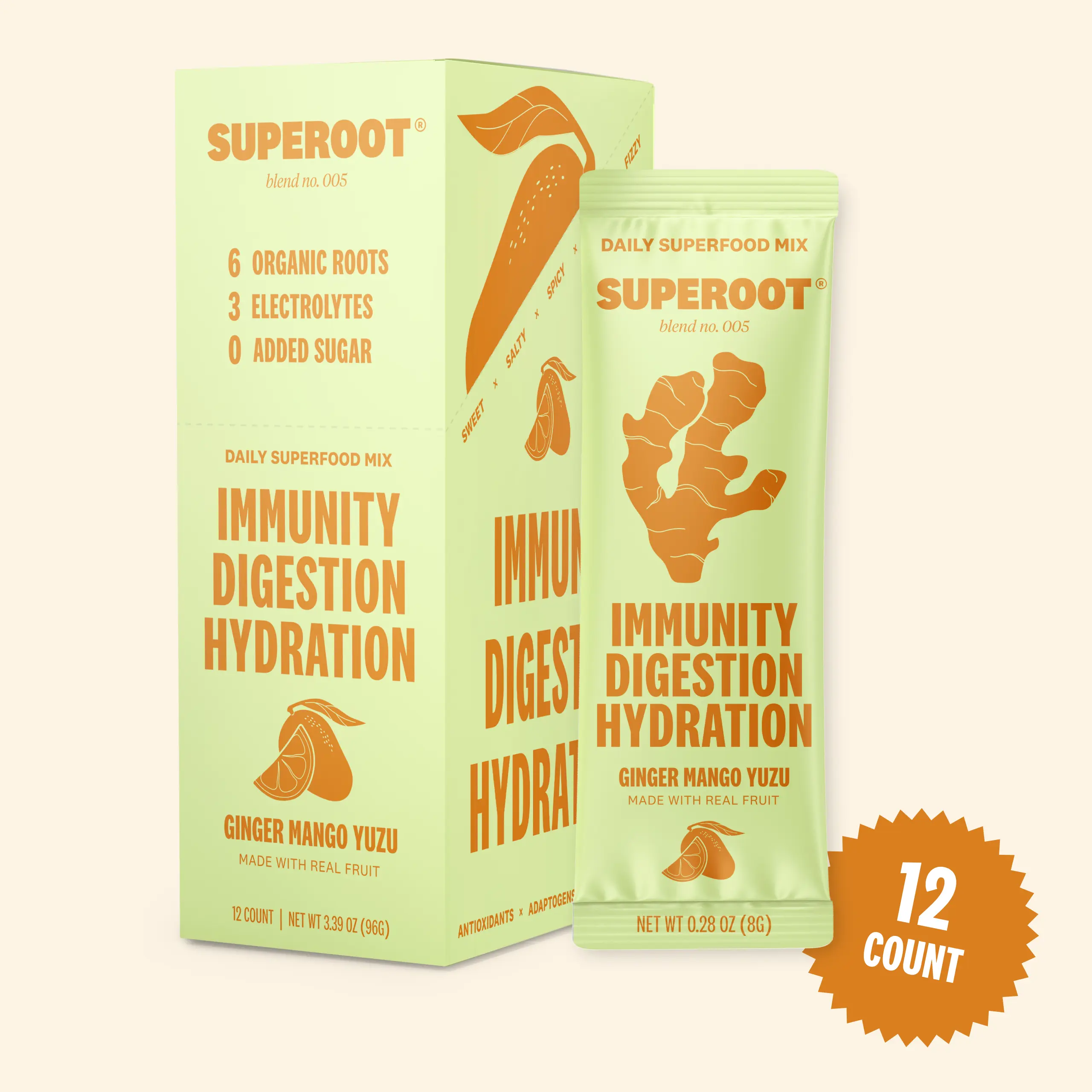 Superoot Immunity & Hydration Superfood Drink Mix - Vitamin C & Electrolytes - Ginger Mango Yuzu Flavor | 12 count