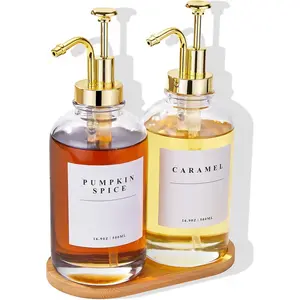 Coffee Syrup Dispenser for Coffee Bar, Coffee Syrup Pump Dispenser, Glass Syrup Bottle with  Upgraded Pump, 2 Pack 16.9 oz 500 ml Syrup Dispensers, 28 Labels and  Tray