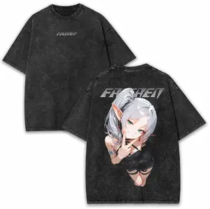 Frieren x Sousou no Frieren Washed Vintage Tee 230GSM with Solo Heroine Art | “Living Long, Loving Little” Basic Button Men's T-Shirt  Vintage Washed Anime Print Tee