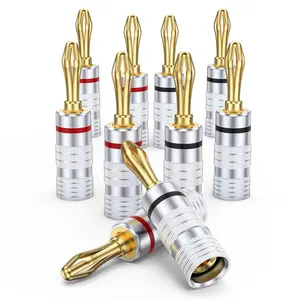 Banana Plugs for Speaker Wire, Brass Speaker Connectors with Dual Set Screws, Black and Red Shell Banana Plugs for  Theater, A/V Receiver, Amplifiers and Sound Systems(5 Pairs/10 pcs)