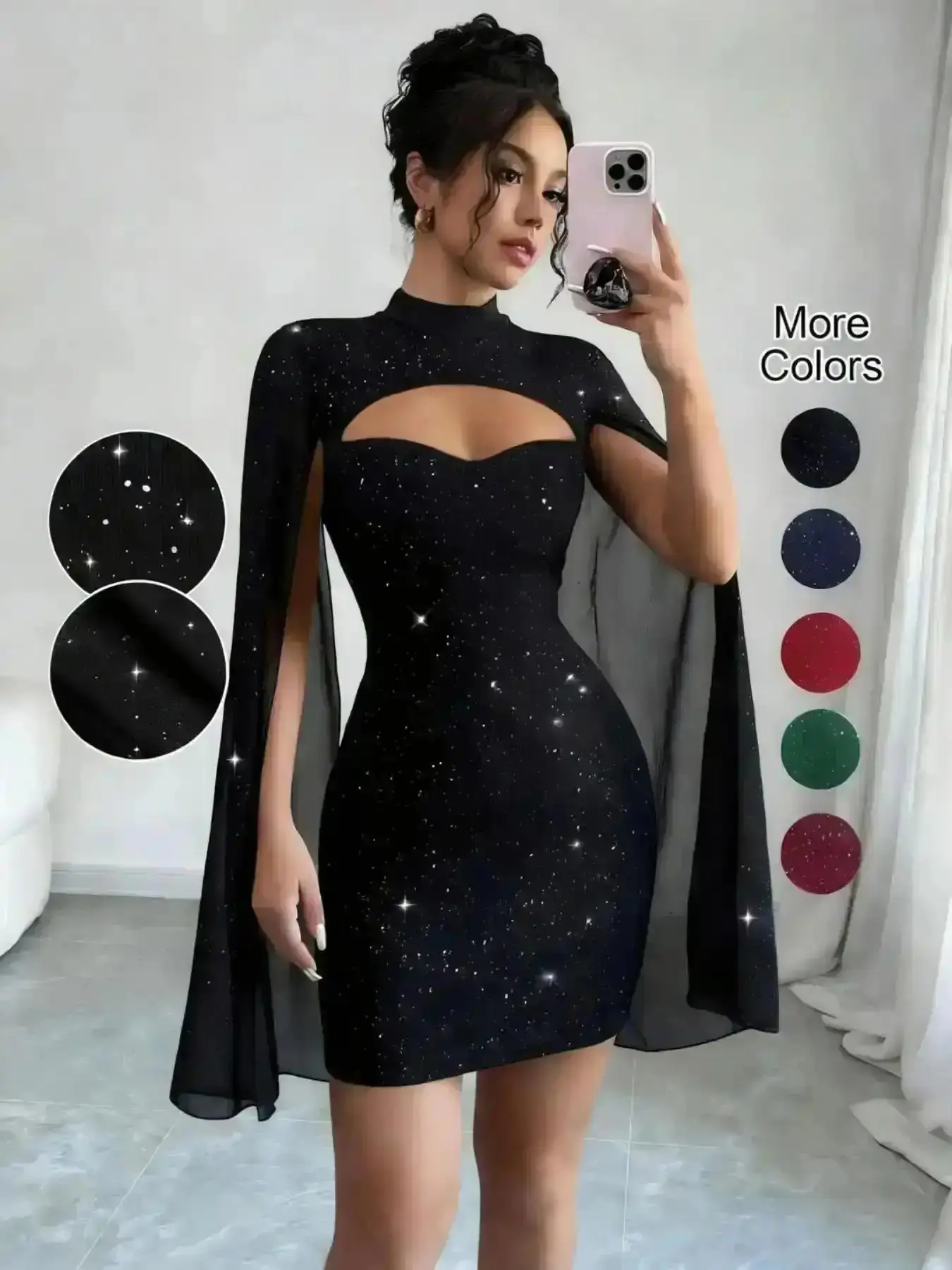 Vogue Spring & Fall Fashion Sexy Mini Bodycon Dress, Shawl Mesh Design, Cape Sleeves, Sparkling Sequins, Trendy Party Gown, Versatile All-Season Durable Wear Elegant Modern Classic Comfortable Stretchy Relaxed