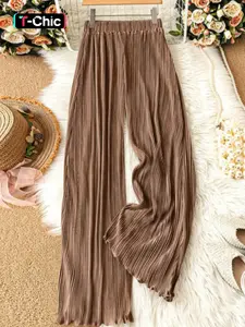 New Women’s Striped Pleated Ruffle Design Casual Wide Leg Pants, Trendy Long Pants for Stylish Spring, Casual Beach Pants, Comfortable and Chic Ladies Fashion
