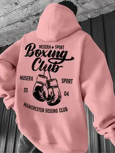 Men's Casual Solid Color Hoodie, Regular Fit Streetwear Long Sleeve Pullover with Drawstring Pockets, Boxing Glove Graphic Print