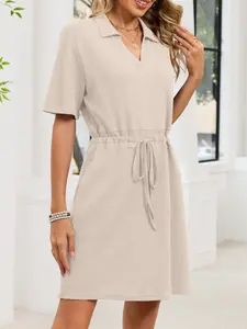 2026 Spring Summer Lapel T-Shirt Dress Solid Loose Drawstring Waist Pocket Casual Dress
