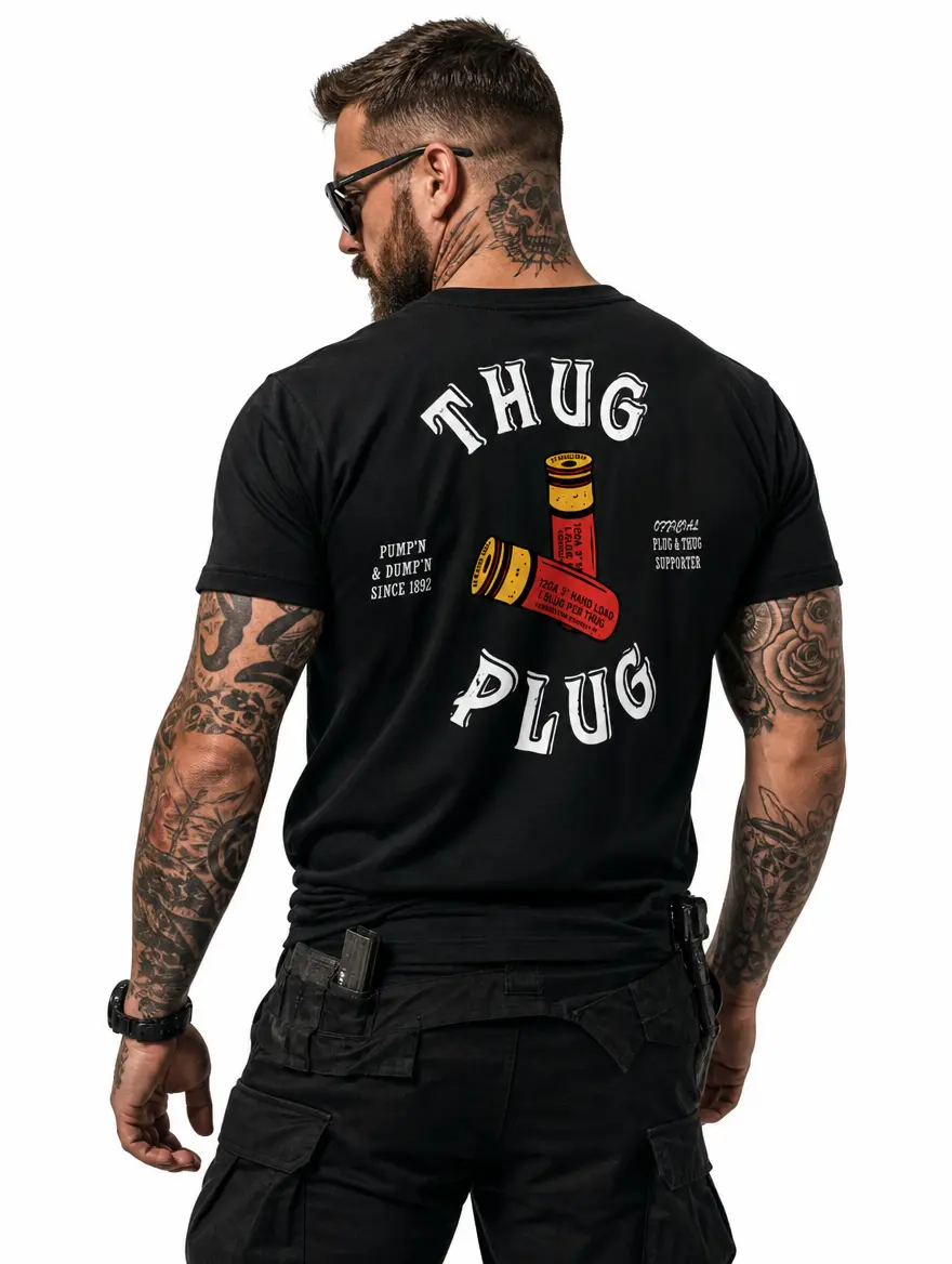 Thug Plug Tactical T-Shirt, Funny Shotgun Shell Graphic Tee, 12 Gauge Humor Shirt, Plug a Thug Supporter Parody, Pump’n & Dump’n Quote Streetwear, Gift for Gun Range & Outdoor Guys Love Baggy Cotton