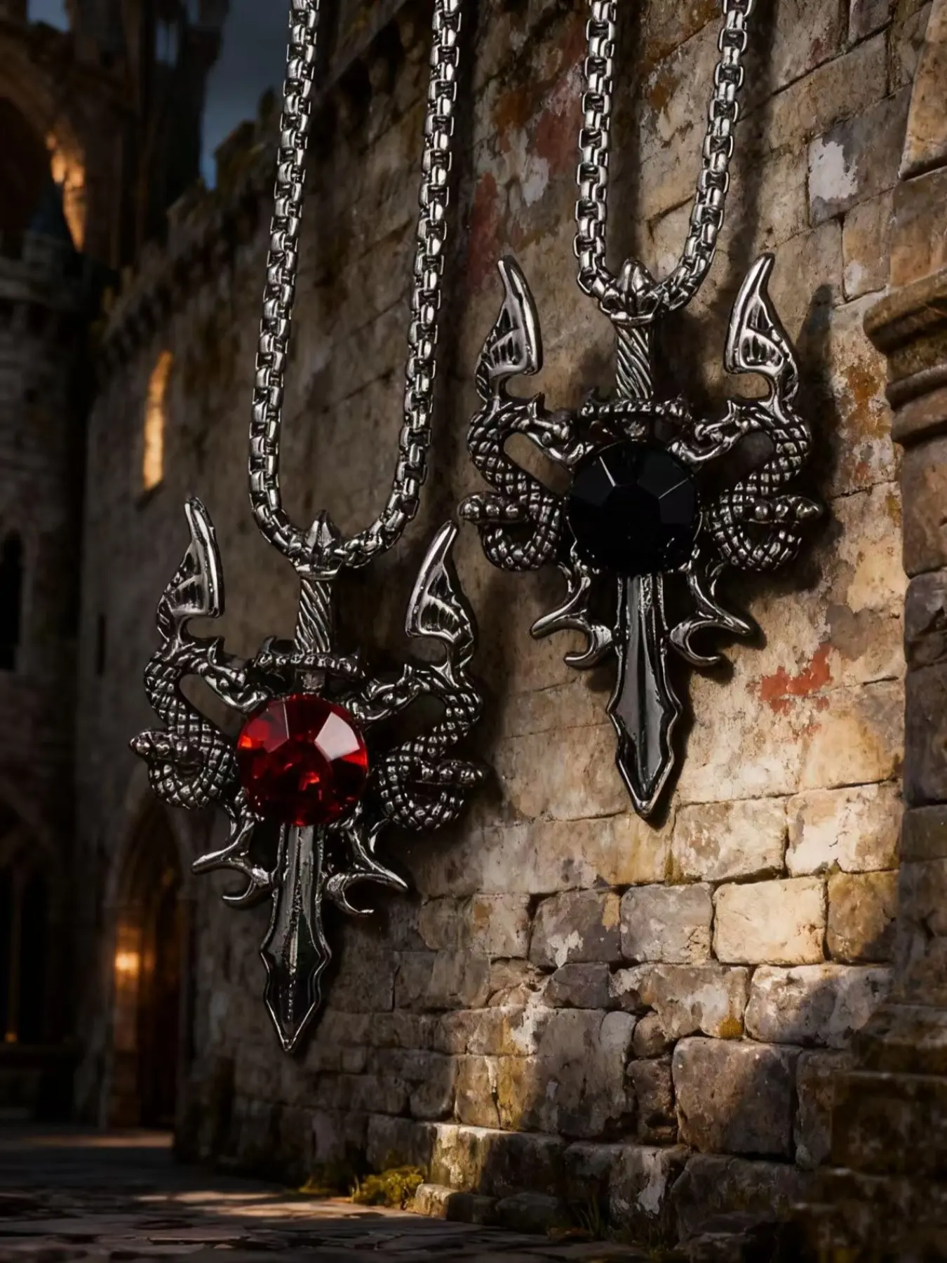 2-piece set - Exquisite Gothic Jewelry Gift - Men's sword-shaped alloy pendant necklace with stainless steel chain, inlaid with various colors of artificial imitation gemstones, very suitable for parties and daily wear
