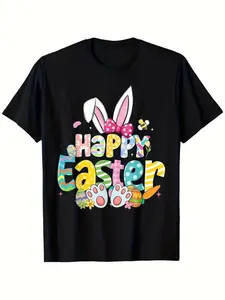 Men'S & Women'S Happy Easter Bunny & Egg Print T Shirt Retro Spring Tee with Bunnies Chicks & Paw Prints Unisex Casual Shirt for Easter Egg Hunt Fam Same Style Forsame Style for Men And Women Summer Short-Sleeved Printe