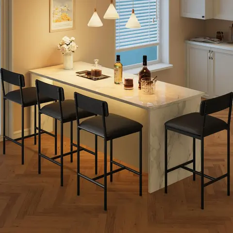 Bar Stools Set of 4, Kitchen Bar Stools with Footrest, 25.5 Inches Upholstered Bar Chairs with Back, 4 Counter Height Barstools for Counter Bar, Island, Easy Assembly,Black