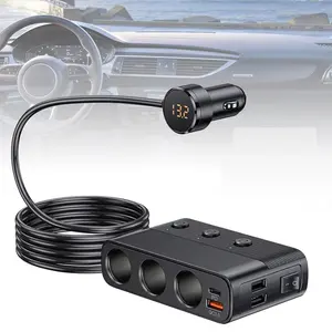 3 Socket Cigarette Lighter Splitter with LED Voltage Display, Dual USB Car Charger Adapter with On/Off Switches, 12V Power Adapter for All Car Devices