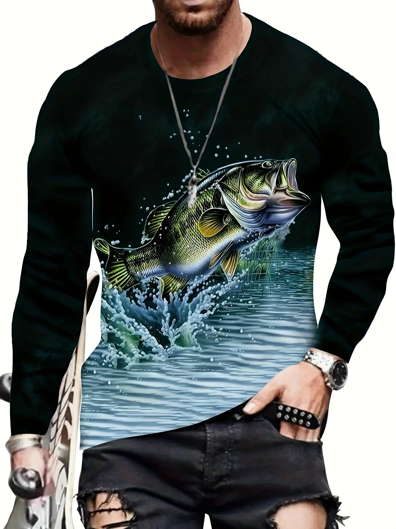 Men's Long Sleeve Fishing Shirt, Outdoor Fishing Wear, Fashionable Round Neck 3D Digital Print, Full Body Fish Pattern, Sports Workout Top