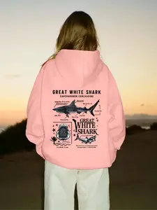 New Casual Shark Print Hoodie, Fall & Winter Large Size Trendy Drawstring Hooded Sweatshirt, Fitted Moderate Fabric, Men's Fashion