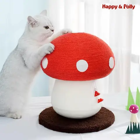 Happy & Polly Modern Mushroom-Shape Natural Sisal Cat Scratching Post, Handmade Durable Rope Red Interactive Toy for Indoor Cats, Chip-Resistant, Supports Healthy Play Experience, Protects Floors from Claw Marks
