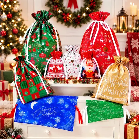AOOEPTR 52PCS Christmas Gift Wrapping Set - 13 Unique Designs Reusable Drawstring Goodie Bags for Christmas, Gift Package Supplies