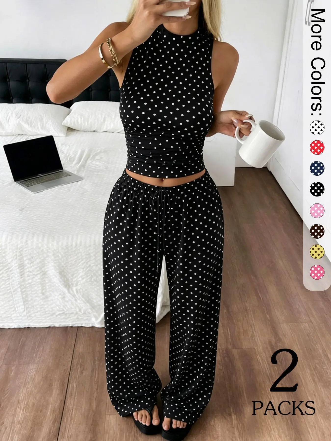 2 Packs Women Matching Polka Dot Print 2 Piece Outfit, Sleeveless Mock Neck Crop Top & Drawstring Wide Leg Pants Set, Bohemian Casual Loungewear Tracksuit for Streetwear Summer