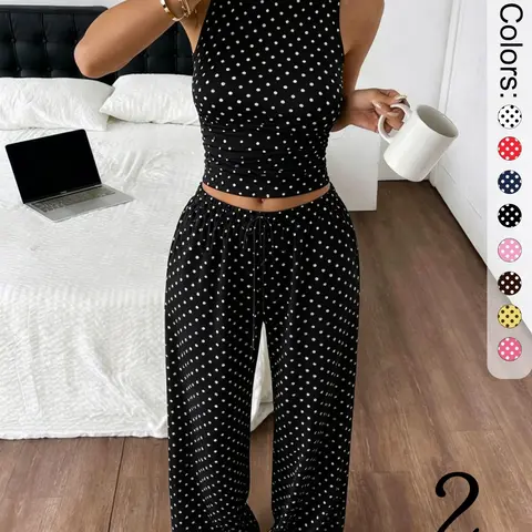 Women's Matching Polka Dot Print 2-Piece Outfit, Sleeveless Mock Neck Crop Top and Drawstring Wide-Leg Pants Set, Bohemian Casual Summer Streetwear Set, Casual Everyday Set, Summer Matching Sets