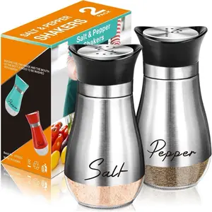 Salt and Pepper Shakers Set, 4 oz Glass Bottom Salt and Pepper Shakers with Stainless Steel Lids for Kitchen, RV, Camp, and BBQ