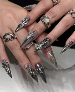 Gothic Press On Nails with Silver Sword 3D Charms, Dark Medieval Knight Nail Art, Gothic Chrome Nails, Nails for Gothic Party and Halloween Nail Art Kit Nail Box