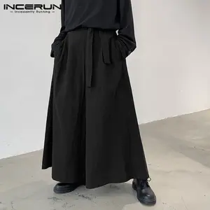 INCERUN Men's Cotton Fabric Wide-Leg Trousers - Loose Plain Casual Menswear Pants for Men, Black, Plus Size S-5XL