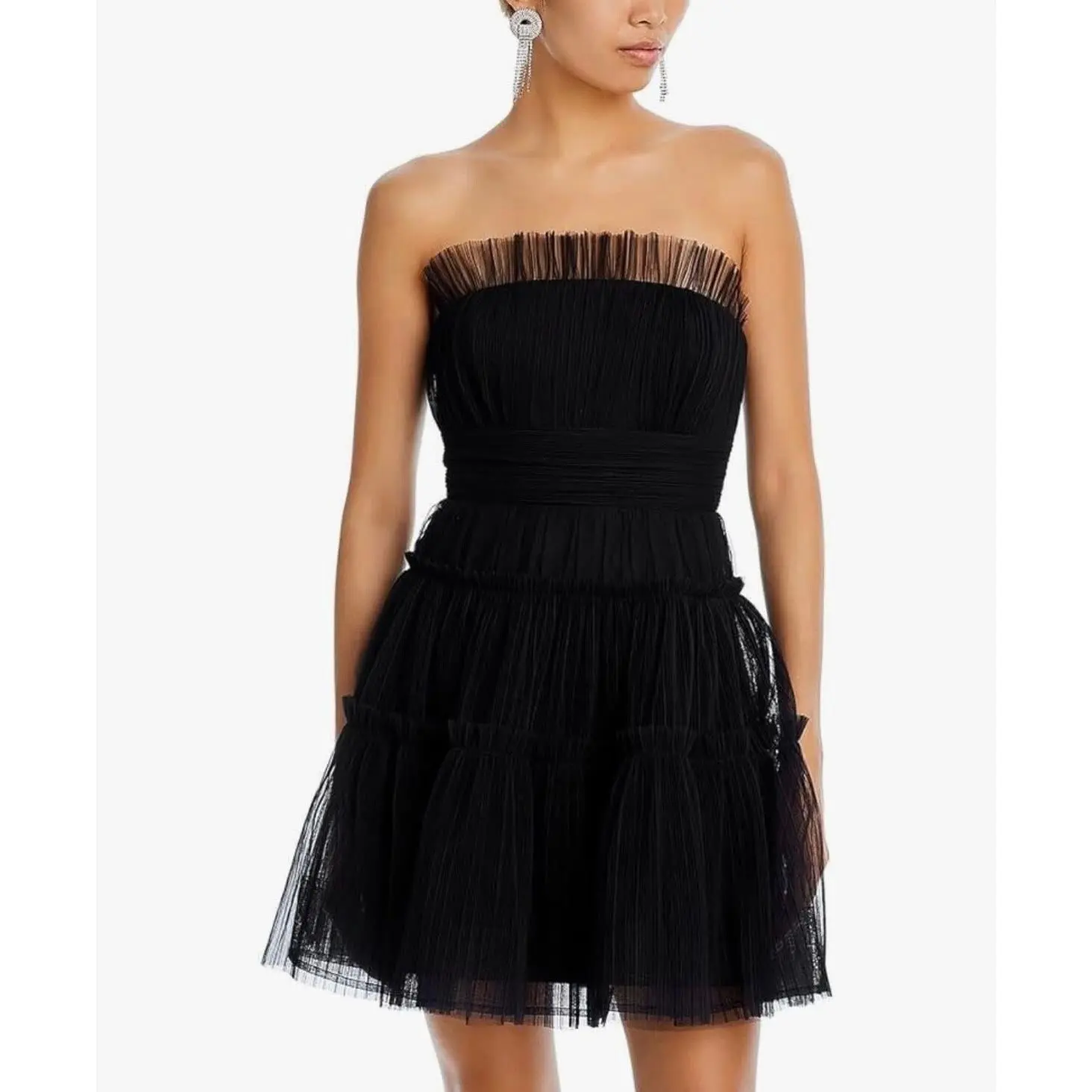 BCBGMAXAZRIA Women's Black Strapless Tiered Tulle Mini Dress Size 6