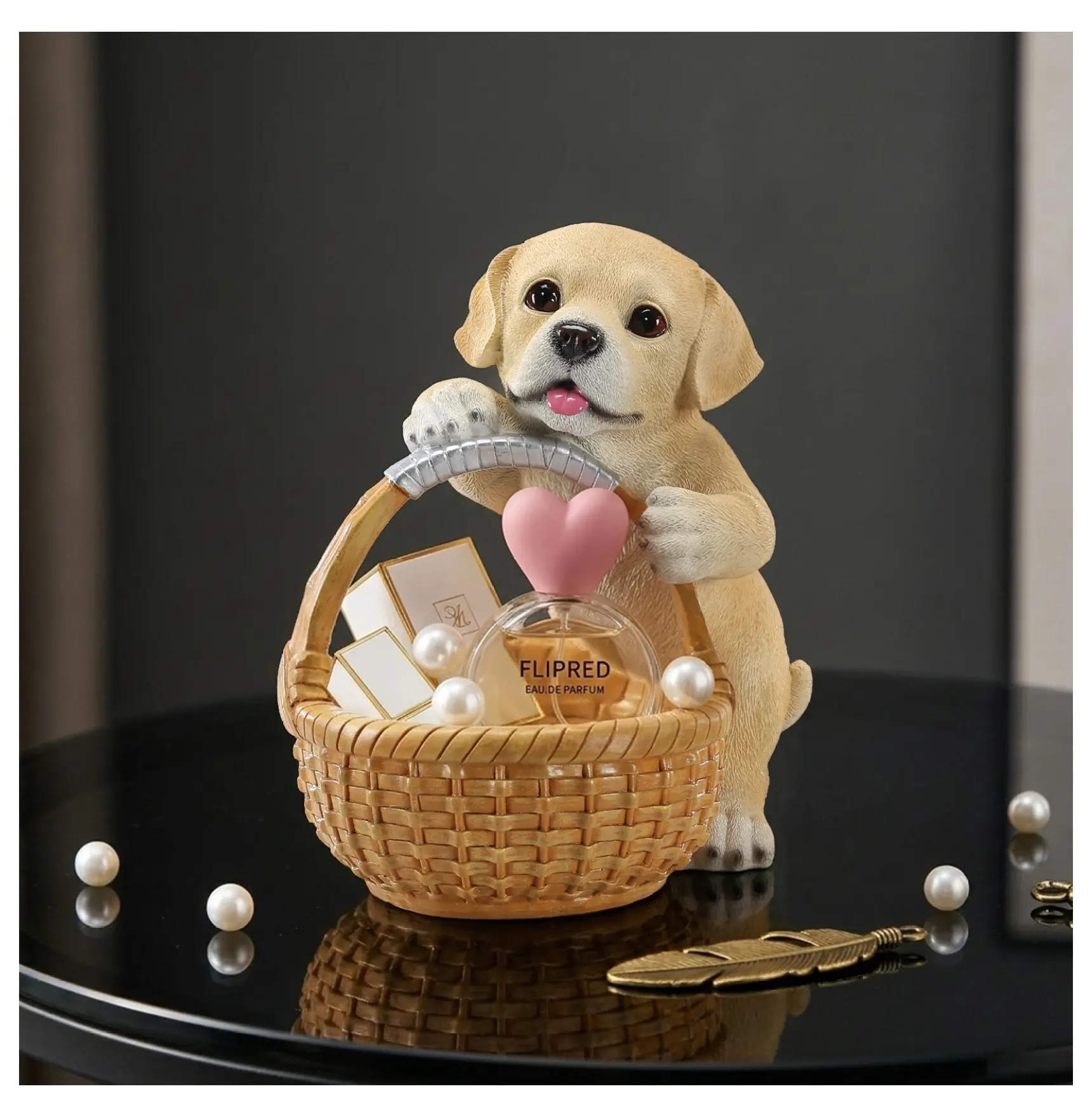 Golden Retriever Puppy Statue with Basket - Cute Dog Figurine Organizer - Resin Animal Sculpture Home Decor - Gift for Dog Lovers Beige+yellow + Resin