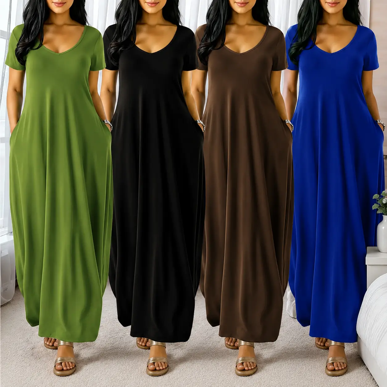 Women's Long Coffee Color Dress, Casual Fitted Style, Large Round Neck Short Sleeve Pocket Loungewear Sleepwear, Soft Fabric All Seasons Wear Soft Nightwear, Nightdress Sleepwear