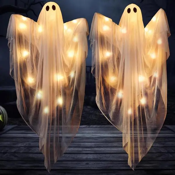 JOYIN 2 Pcs 47” Halloween Light up Hanging Ghost Decorations Outdoor, Halloween Flying Hanging Ghosts with Warm LED Lights and Timer for Haunted House Prop Front Yard Patio Party Decor Indoor Outdoor